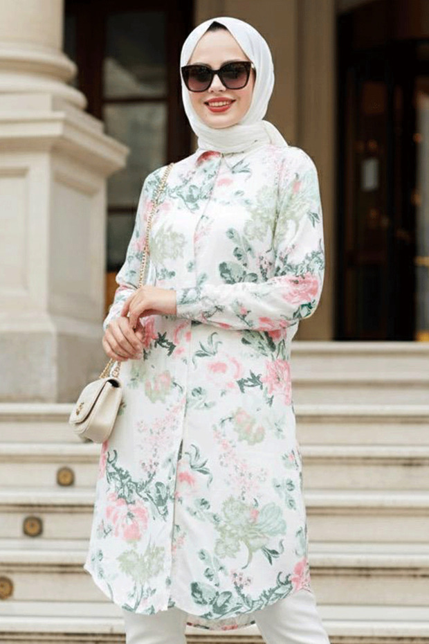 Patterned Ecru Viscose Hijab Tunic 11541E