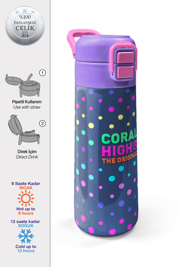 Kids Navy Blue Polka Dot Patterned Straw and Direct Drinking Steel Thermos 500 ml 31872