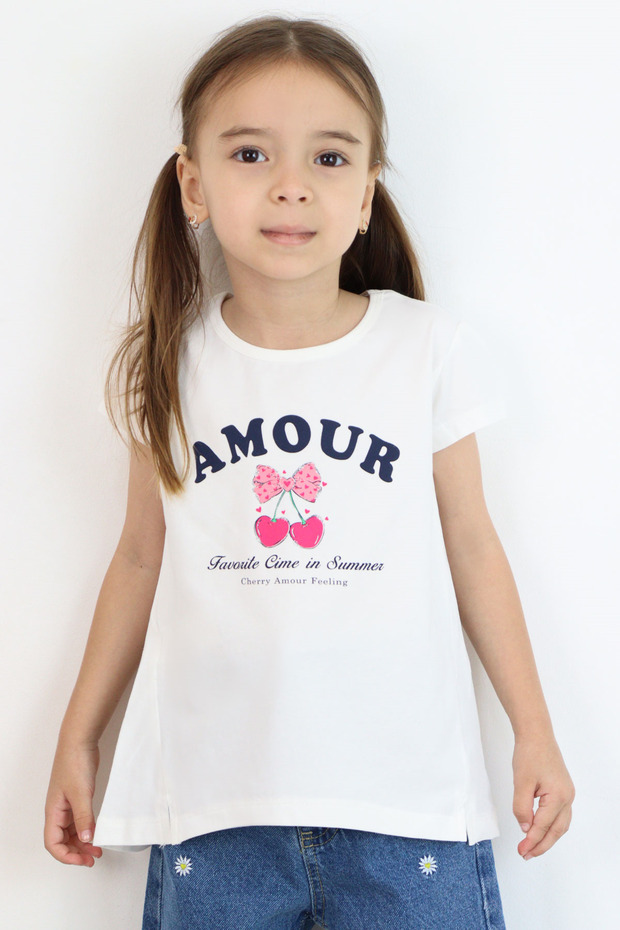 Girl's T-Shirt with Bow and Cherry Print, Slits on the Sides, Ages 5-10, Ecru