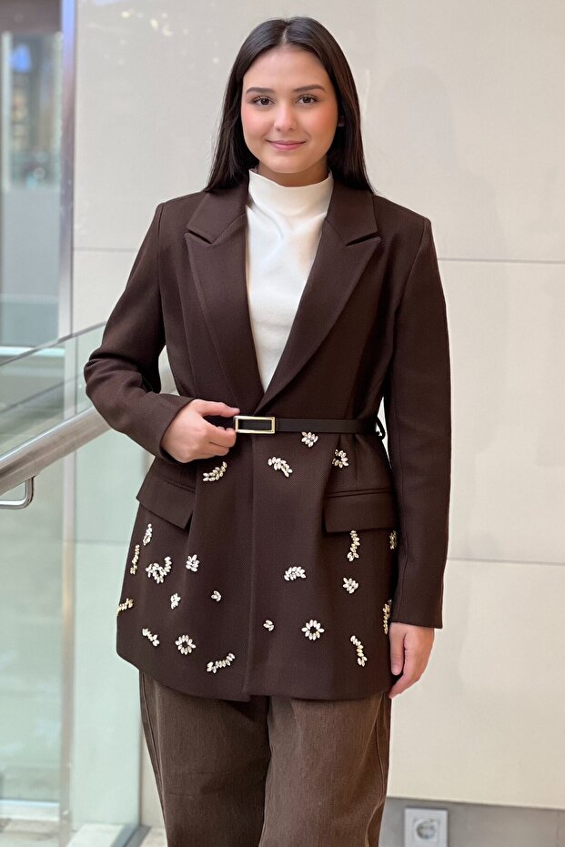 Double-Breasted Jacket with Stone Embroidered Belt