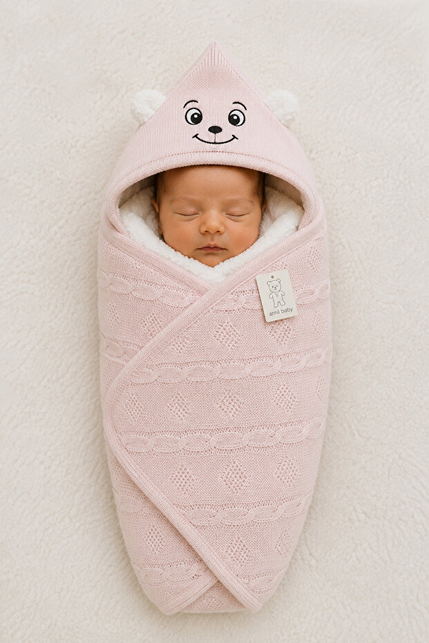 Bebe Wersoft 3 Thread Knitwear with Fleece Inside Winter Ka Hooded Blanket 90 X 80 cm