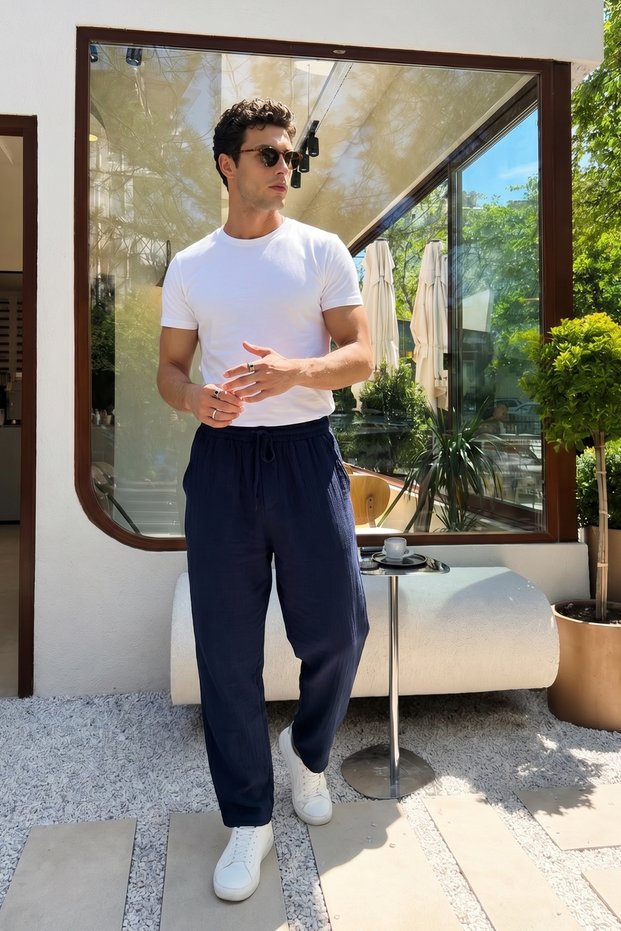 Balve 100% Cotton Baggy Muslin Fabric Men's Navy Blue Trousers Lace-Up Elastic Waist Summer Trousers