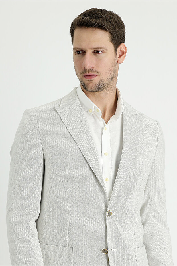 4 Drop Relaxed Fit Comfortable Cut Striped Cotton Linen Blend Jacket