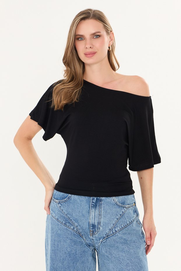 Black Asymmetrical Waist-Fitted 97% Cotton Bat Sleeve Blouse