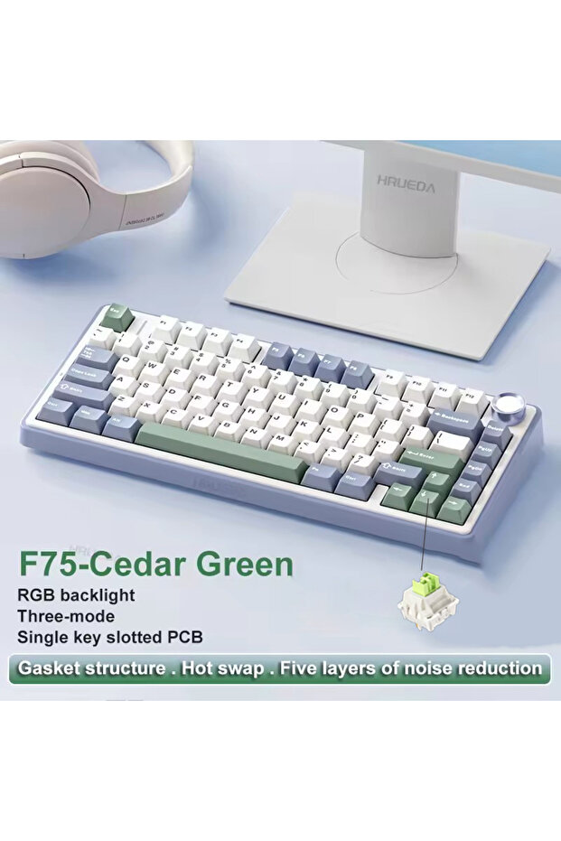 لوحة مفاتيح ألعاب ميكانيكية بإضاءة RGB، لون أخضر سيدار، طراز F75، تدعم الاتصال اللاسلكي/البلوتوث/ بأسلاك بتردد 2.4 جيجا هرتز.