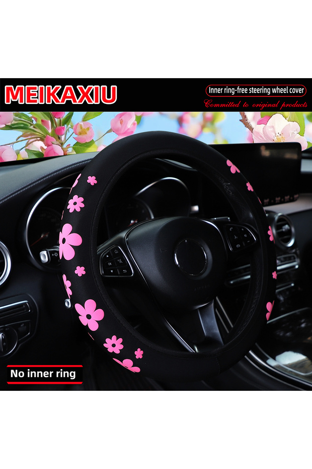 Pink Diving Material Foamed Beautiful Flower Fabric Car Rimless Steering Wheel Cover Suitable for 37