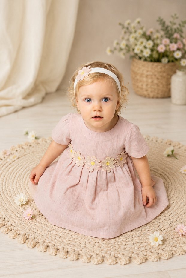 Floral Detailed Short Sleeve Powder Linen Baby Dress