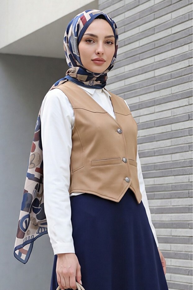Scuba Fabric - Vest with Pocket Detail and Buttons - Mink