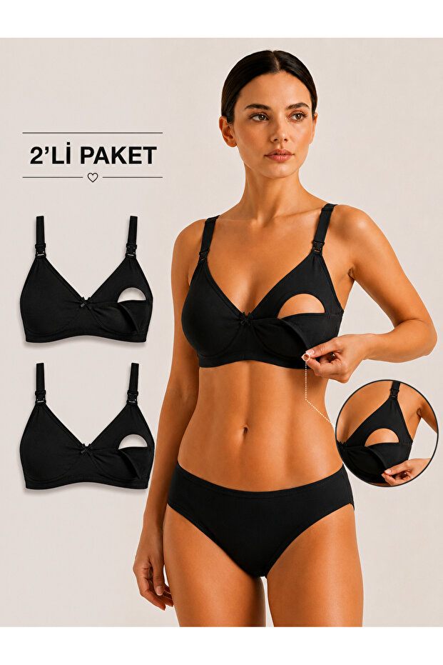 Women's Cotton Nursing Bra 2 Pieces (Black-Black) (2 Cups)