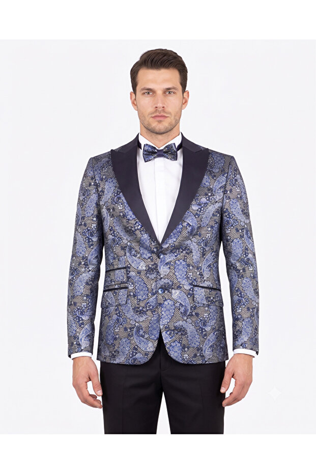 Luxury Navy Blue Gray Paisley Patterned Jacquard Tuxedo Jacket - Slim Fit Special Occasion Jacket with Bow Tie.