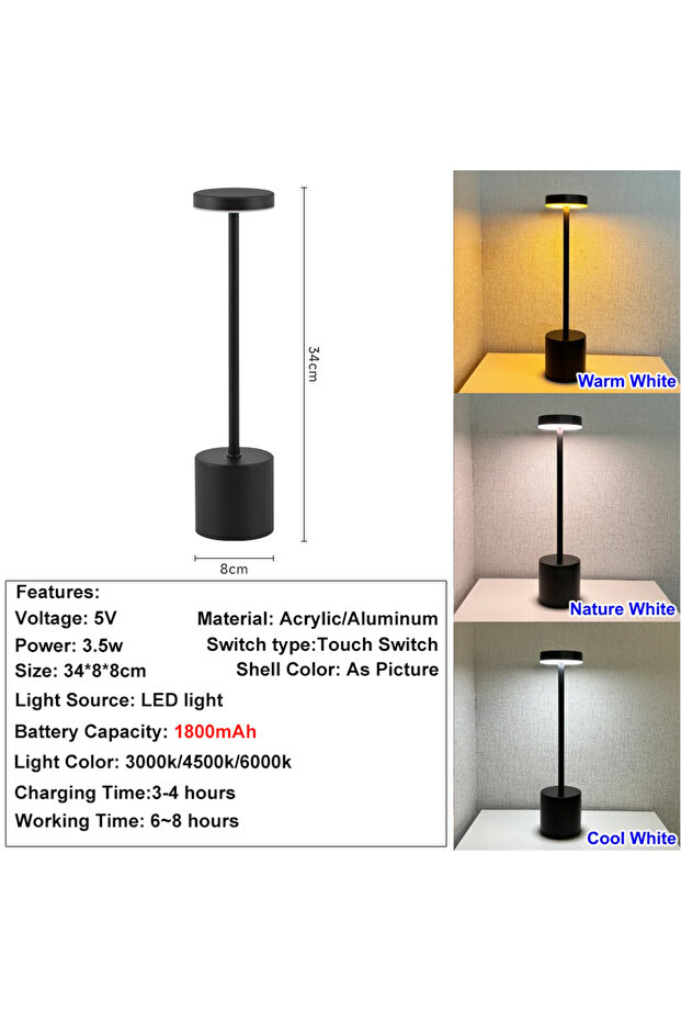 Black Nordic Style Rechargeable Alloy Desk Lamp, Cordless Touch Control LED Table Light for Home, Ba