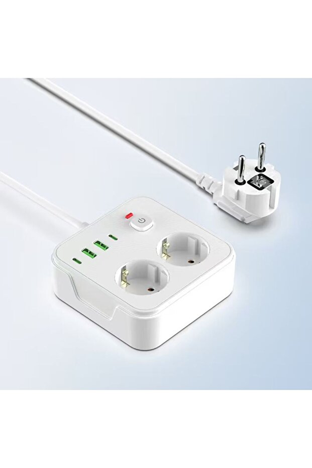 شريط طاقة بقابس أوروبي NS602U-White مع منفذين تيار متردد و2 منفذ USB-A و2 منفذ Type-C مع حماية من الصواعق