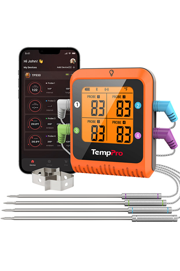 ترمومتر رقمي لاسلكي TempPro TP930 للشواء والمطبخ، يعمل بتقنية البلوتوث لمسافة 200 متر، قابل لإعادة الشحن
