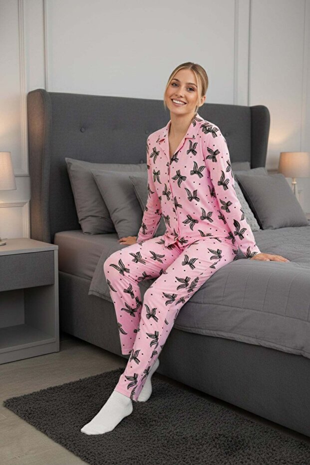 Bow Patterned Suede Pajama Set