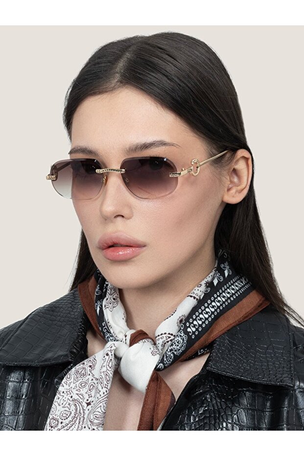 Unisex Rimless Rectangular Sunglasses Gold Color Handle Brown Gradient Glass Uv Protected Hart C1