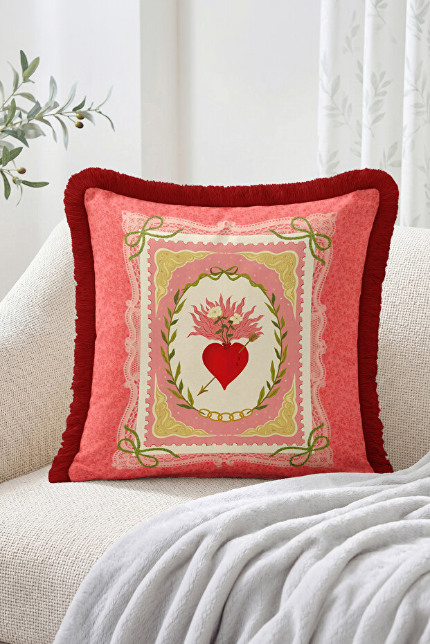 Heart and Flower Motif Lace Frame Look Retro Fringed-Tasseled Throw Pillow Cover Modern Decorative Pillowcase