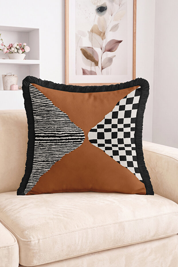 Black and White Striped and Checkered Geometric Patterned Fringed Throw Pillow Cover with Brown Background