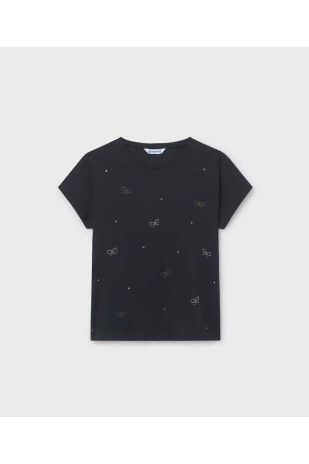 Girl's Bowknot Stone Detailed Short Sleeve T-Shirt 8-18 Years Black