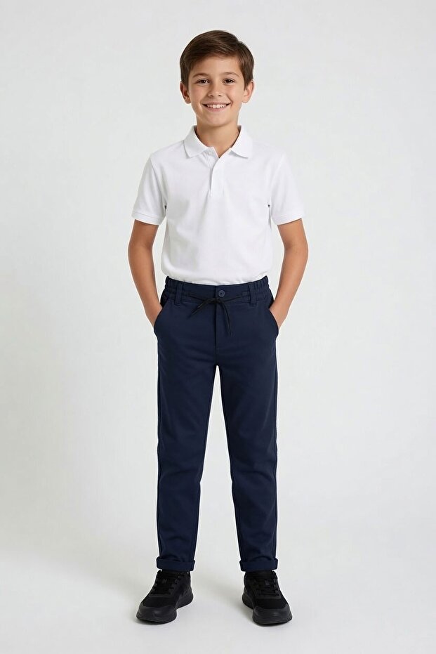 Navy Blue Double Leg Lace-Up Waistband Boys' Fabric Trousers 22678