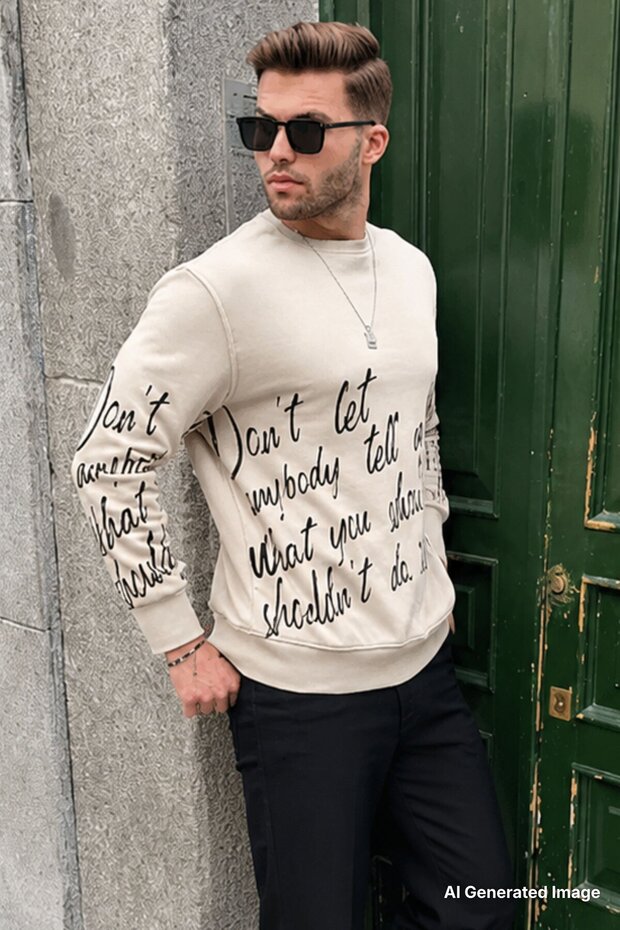 Beige Printed Crew Neck Sweatshirt 6156