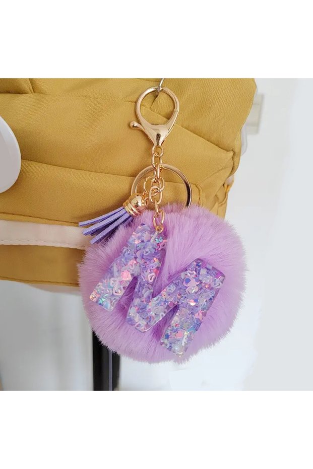 M Purple Cute Shiny Initials Keychain Fringe Furball Resin Letter Pendant Car Keyring for Girls Bag