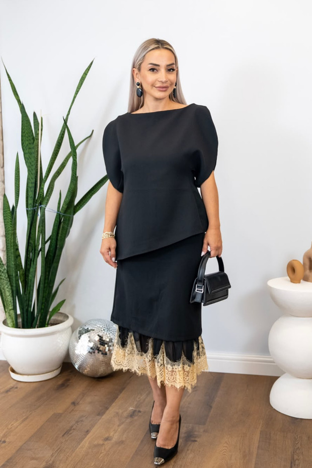 Black Gold Skirts Lace Detailed Women's Top and Bottom Set