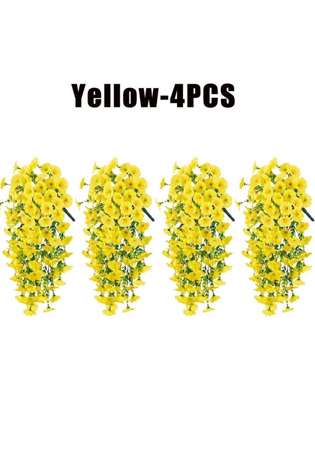 4Pcs Yellow Artificial Hanging Flowers Plants Faux Silk Purple Morning Glory Long Vines UV Resistant