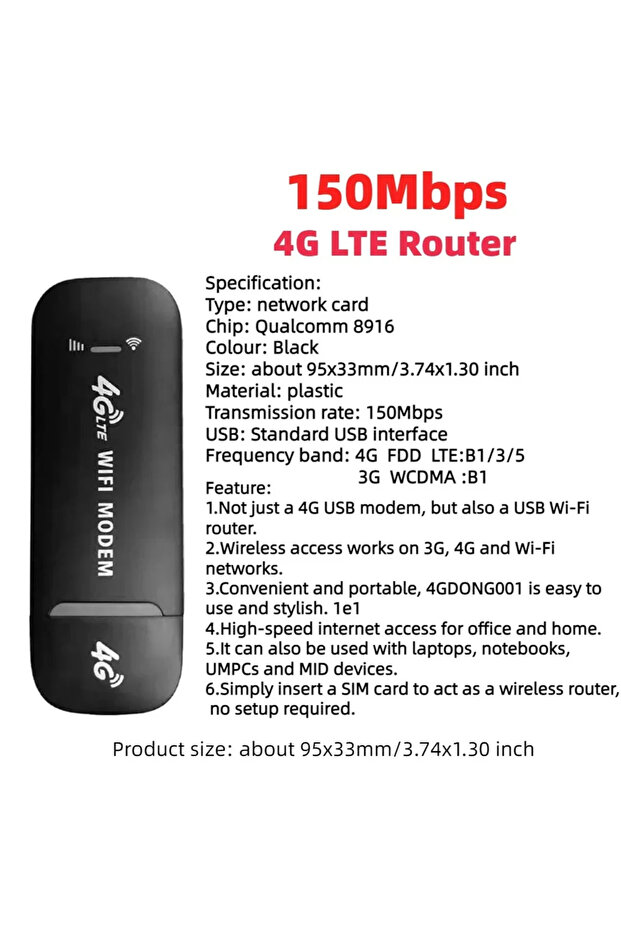 دونجل USB لاسلكي أسود بتقنية 4G LTE بسرعة 150 ميجابت في الثانية، مودم نطاق عريض متنقل، راوتر نقطة اتصال 4G مع فتحة لبطاقة SIM