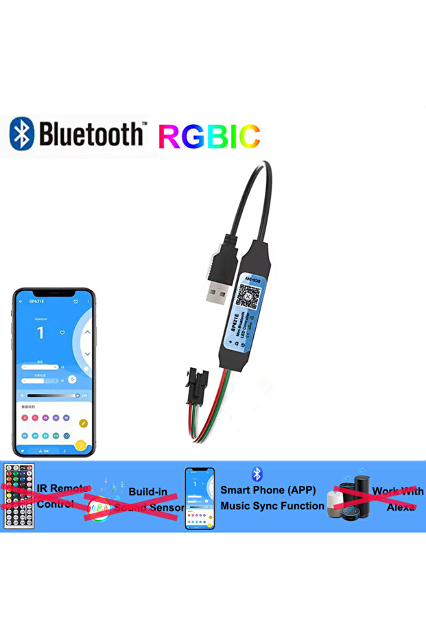 وحدة تحكم LED RGBIC بمنفذ USB 5 فولت SP621E-RGBIC مع تطبيق للتحكم، وحدة تحكم أضواء LED RGBIC بمنفذ USB 5 فولت 3 دبابيس، وحدة تحكم ذكية بتقنية البلوتوث