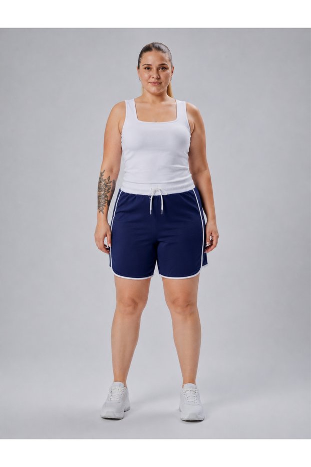 Curve Plus Size Women's Piping Detailed Knitted 100% Cotton High Waist Navy Blue Sports Shorts & Bermuda