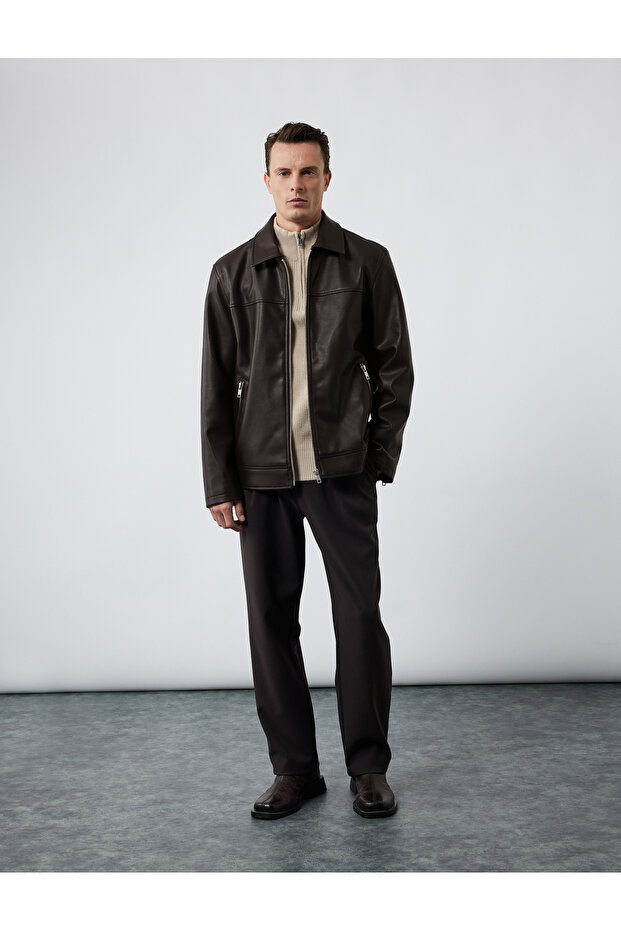 Long Sleeve Zipper Pocket Detailed Shirt Collar Faux Leather Jacket