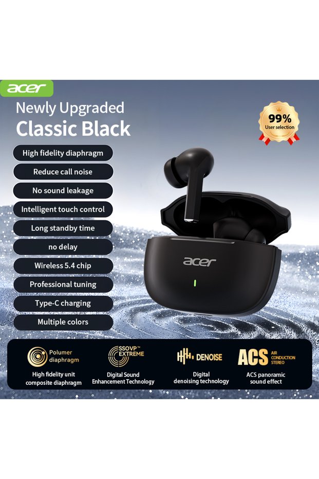 black Acer Ohr504 Wireless Bluetooth Headphones, In-Ear Design, Noise Reduction, Comfortable to Wear