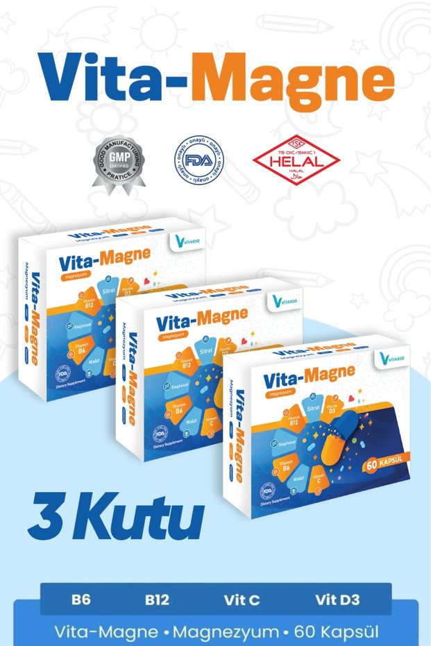 Vita-Magne Magnesium Malate Magnesium Citrate Magnesium Bisglycinate, Supplementary Food Containing Vitamin B6 Vitamin B12 Vitamin D3 Vitamin C 60 Capsules Pack of 3