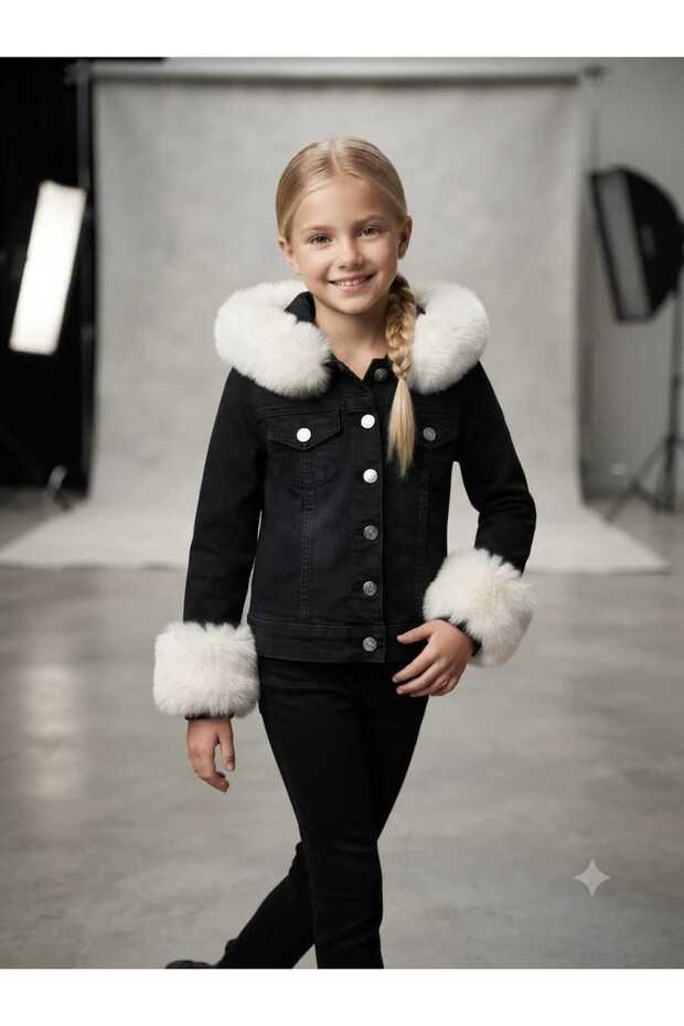 Girl's Black Jeans Jacket with Colorful Fur Hood and Sleeves