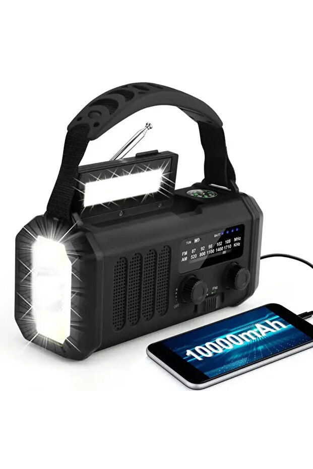 black Emergency Weather Radio 10000mAh Solar Hand Crank Portable AM/FM/NOAA with Flashlight & Readin