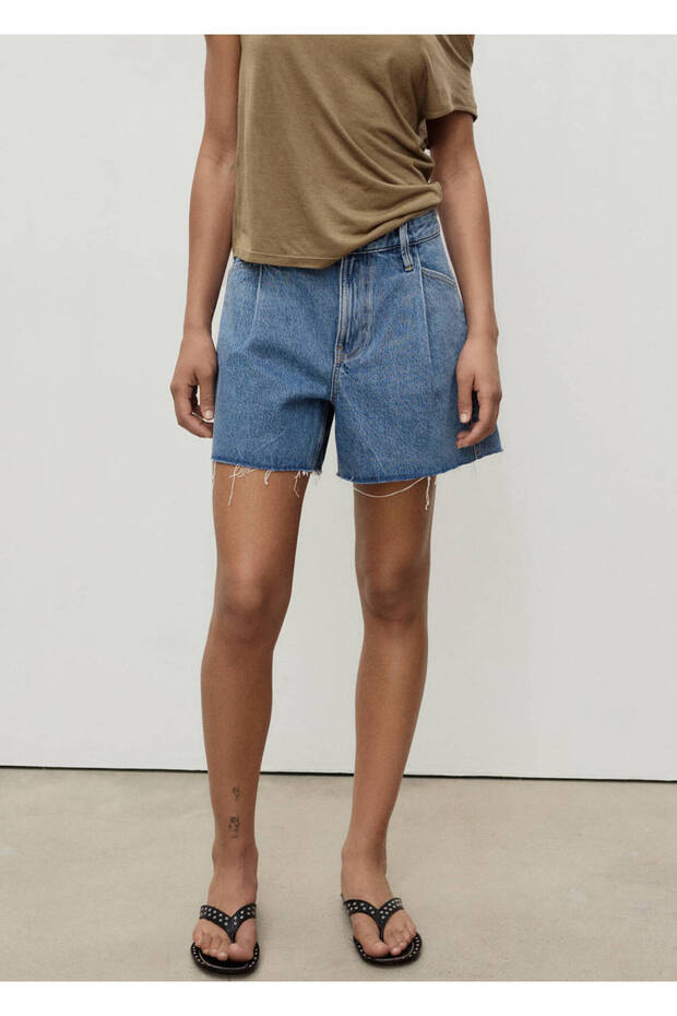 Tasseled Low Waist Denim Shorts with Pin Detail