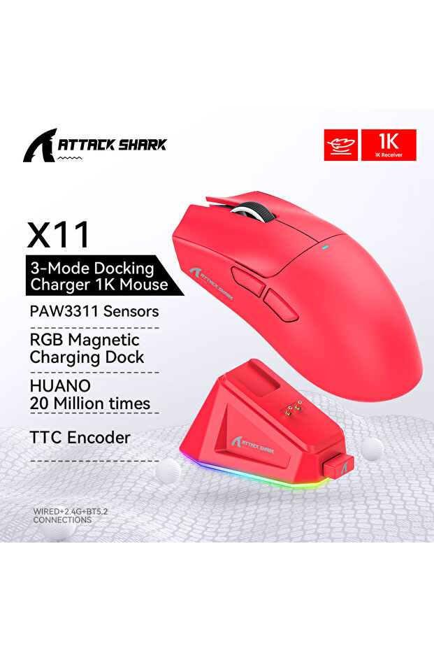 Red Attack Shark X11 Bluetooth Mouse/Wireless Mouse PAW3311 RGB Magnetic Charging Dock E-sports Mou