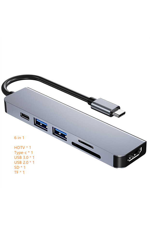موزع USB C رمادي 6 في 1 إلى قارئ بطاقة SD TF متوافق مع HDMI بدقة 4K وقاعدة شحن USB 3.0 2.0 من النوع C