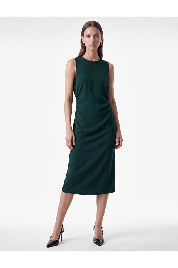 Sleeveless Crew Neck Draped Crepe Fabric Slit Midi Dress