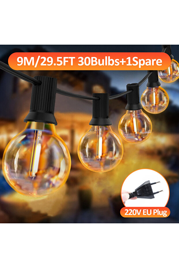 9m 30bulbs G40 LED Globe String Lights Outdoor, 3M/9M/15M IP65 Plastic Bulbs, Balcony Garland Fairy