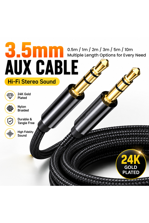2m Black nylon braided 3.5mm AUX Cable Stereo Audio Cord for Car, Speaker, Headphones, Nylon Braided
