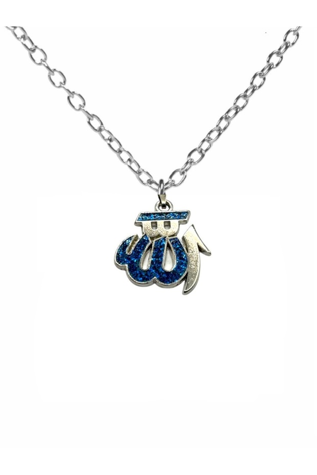 Blue Stone Necklace with Allah Written – Zamak Plated Metal – 60 cm Chain