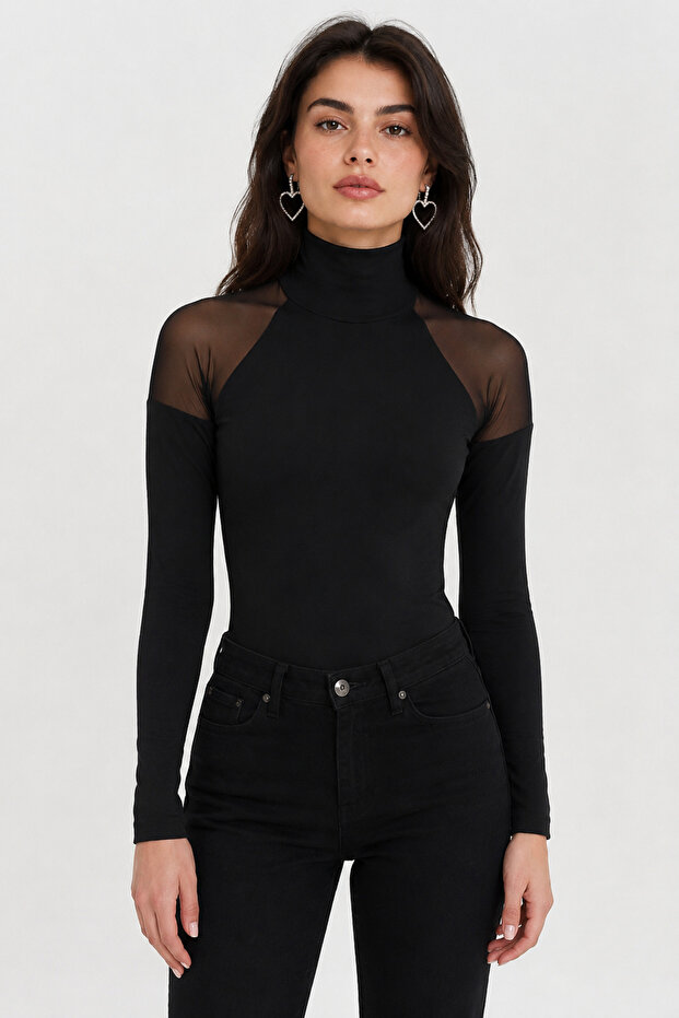 Women's Black Tulle Blouse with Shoulders