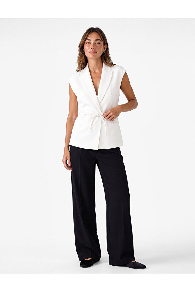 Pockets and Tie Waist Sleeveless Long Double-Breasted Blazer Vest