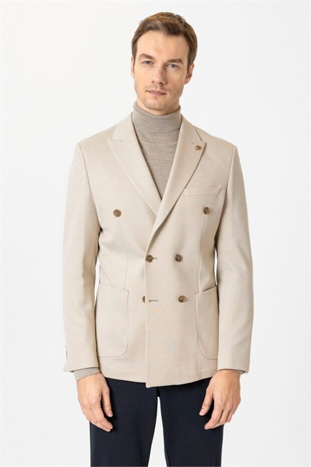 Beige Slim Pointed Collar Plain Pocket 6 Drop Classic Jacket