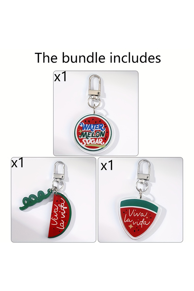 3pcs 2D Flat, 2D Sparkling Watermelon Key Chain Universal Viva La Vida Acrylic Pendant Key Chain Acc