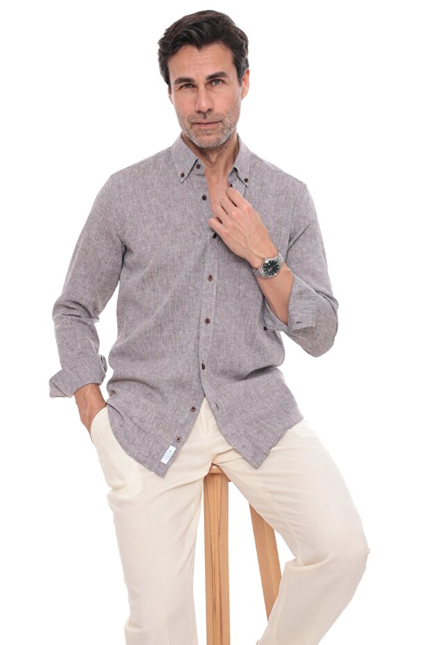Slim Fit Long Sleeve Lapel Collar Buttoned Breathable Linen Gift Boxed Men's Shirt Fs-004548 - Brown