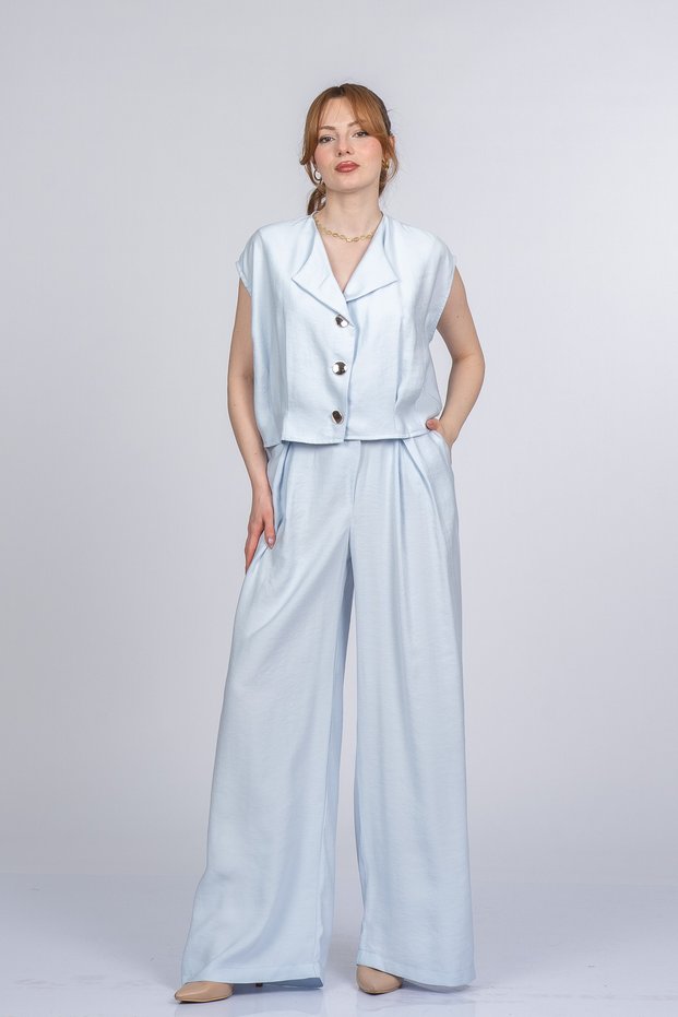 Women's Summer Blue Celinea Wide Collar Vest and Wide Leg Pants Set 1315