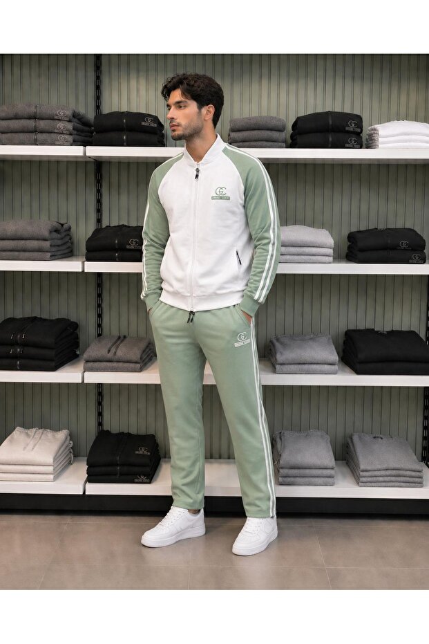 Men's Summer/Seasonal 2 Thread Combed Cotton Fabric Wide Leg White Water Green Tracksuit Set