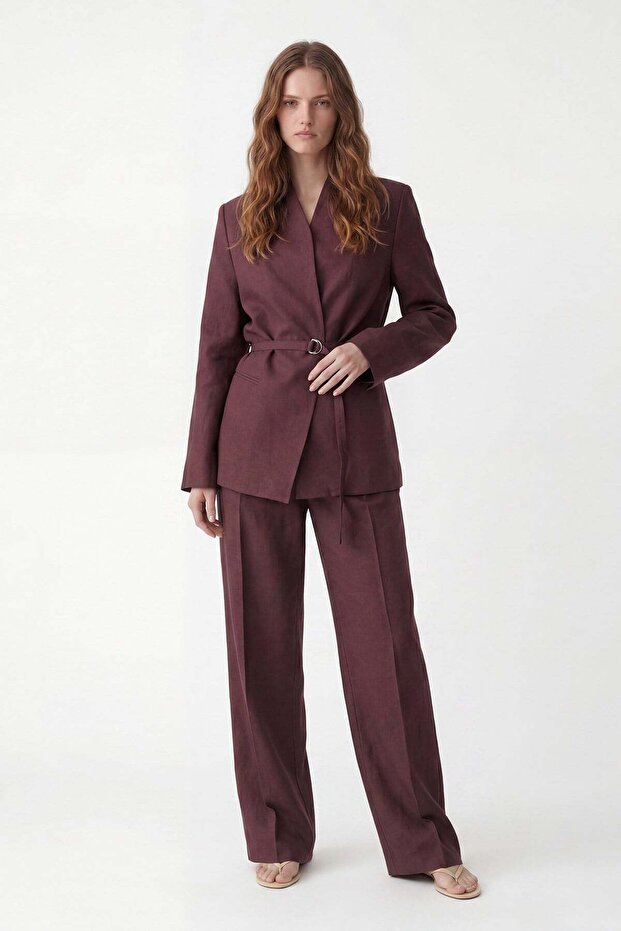 Burgundy Linen Blend Women's Blazer Jacket